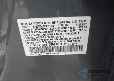 2009 Honda Pilot Ex-L из США, поврежденный, VIN 5FNYF48679B024859
